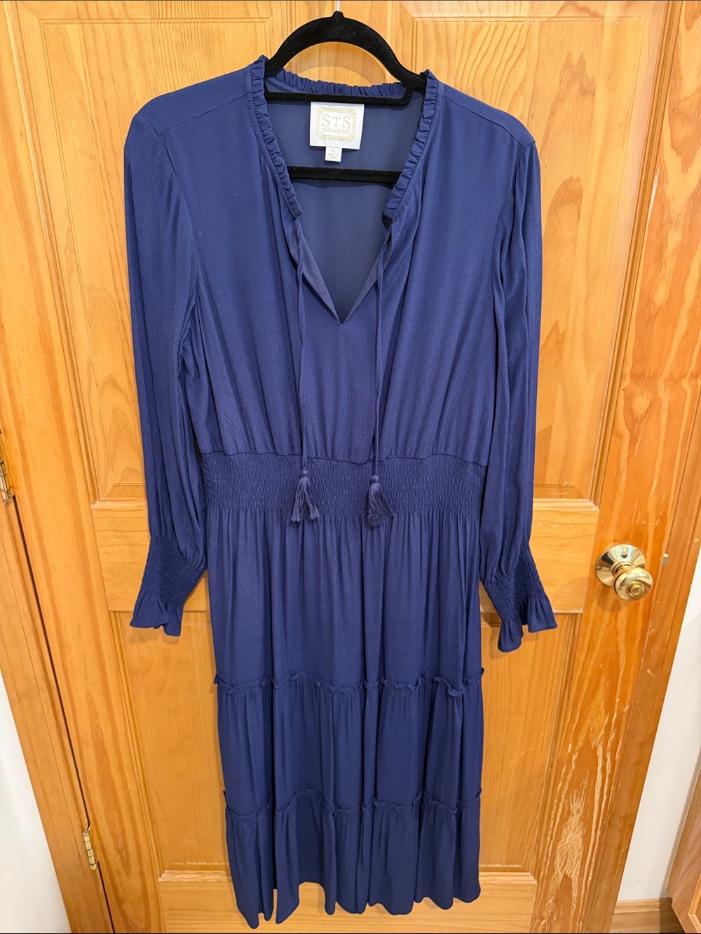 Sail to Sable Navy Long Sleeve Tiered Midi Dress with Smocked Waist